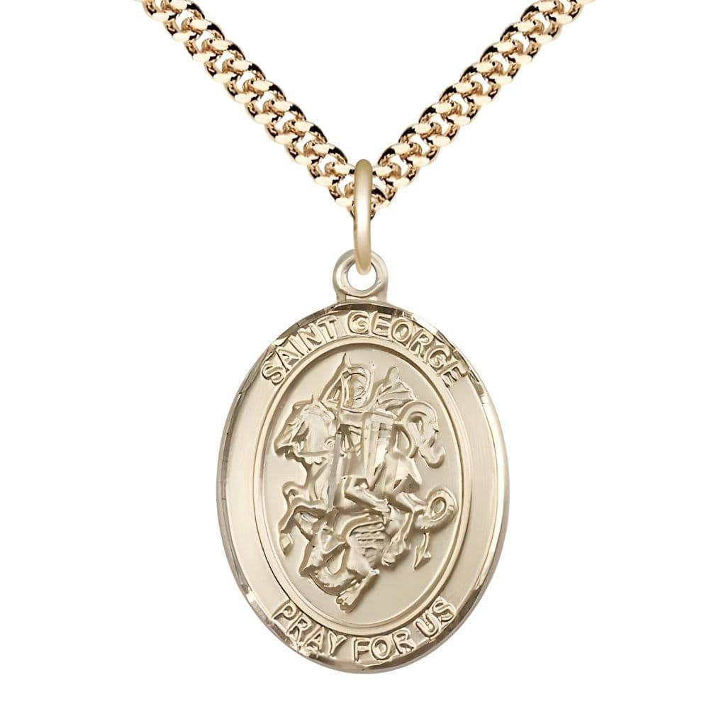 Bliss St. George 14kt Gold-filled Oval Medal Pendant with Gold-plated Chain, Measures 1-inch tall by 3/4-inch wide.