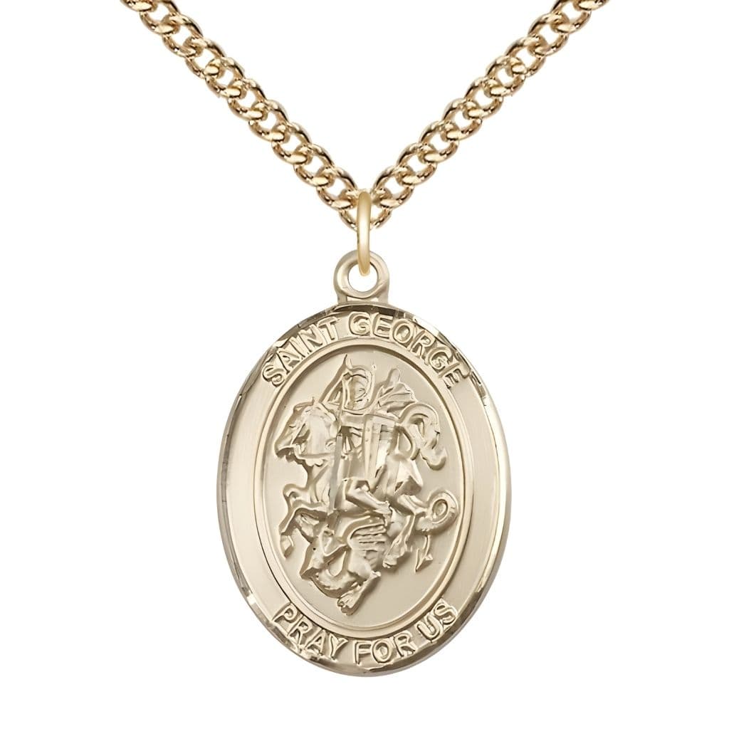 Bliss St. George 14kt Gold Oval Medal Pendant with 14kt Gold Chain, Measures 1-inch tall by 3/4-inch wide.