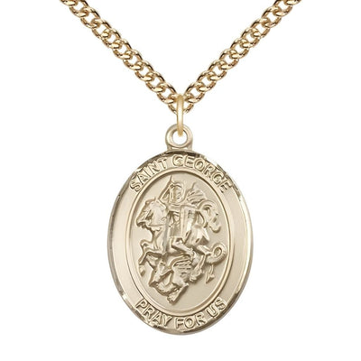 St. George 14kt Gold Oval Medal Pendant with 14kt Gold Chain, Measures 1-inch tall by 3/4-inch wide, Bliss Manufacturing