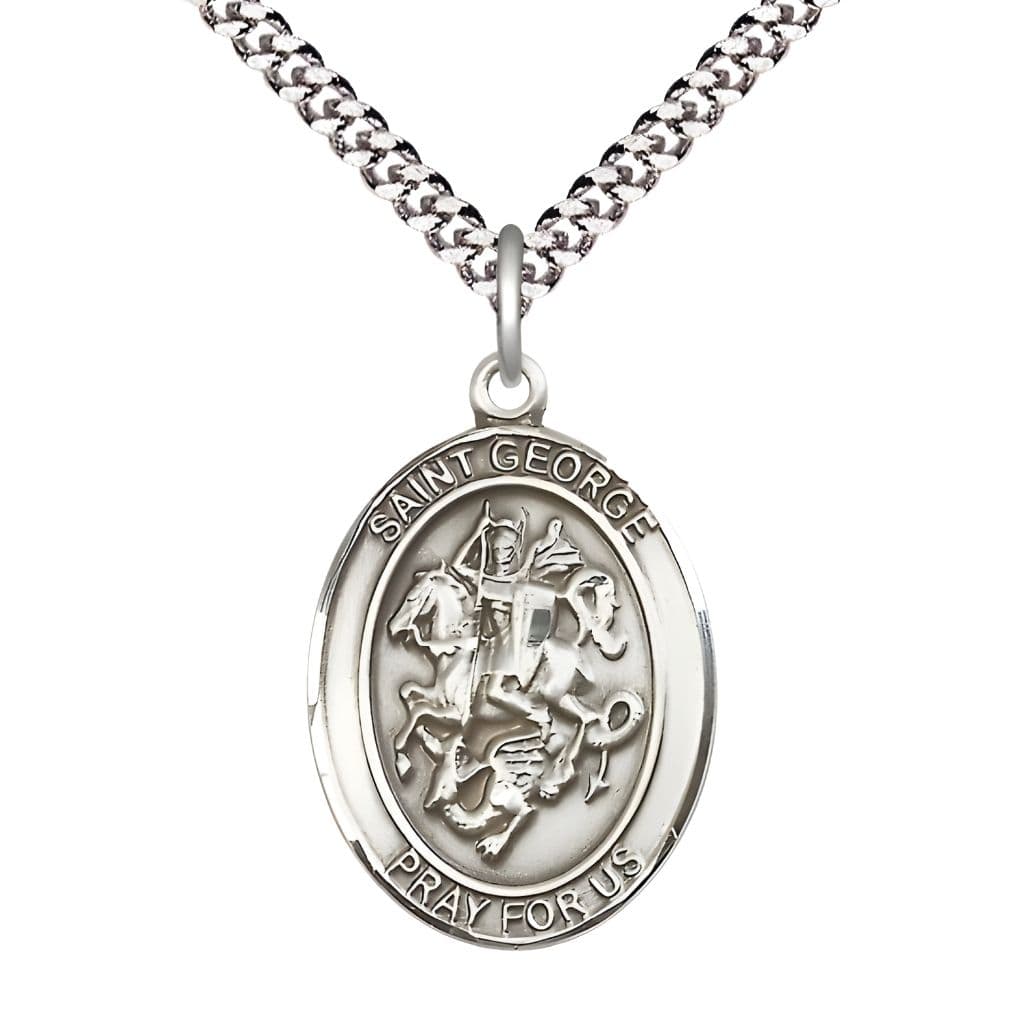 Bliss St. George Pewter Oval Medal Pendant with Rhodium-plated Chain, Measures 1-inch tall by 3/4-inch wide.