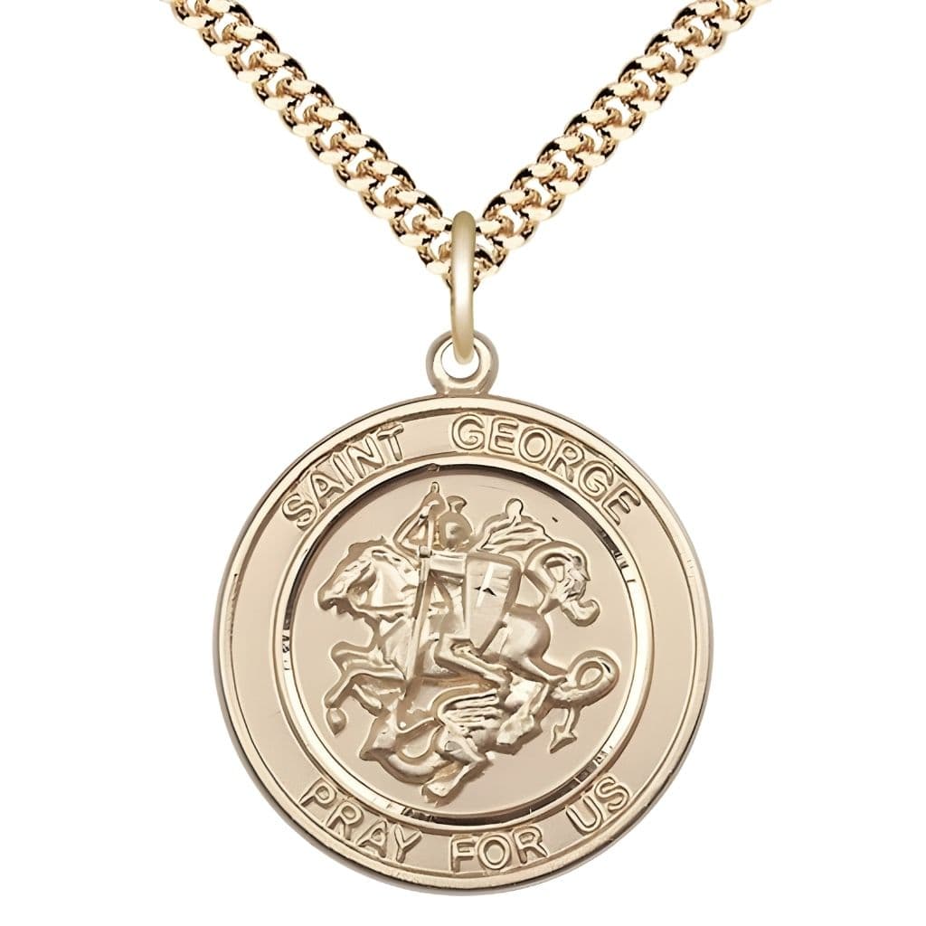 Bliss St. George 14kt Gold-filled Round Medal Pendant with Gold-plated Chain, Measures 1-inch tall by 7/8-inch wide.