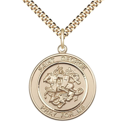 St. George 14kt Gold-filled Round Medal Pendant with Gold-plated Chain, Measures 1-inch tall by 7/8-inch wide, Bliss Manufacturing