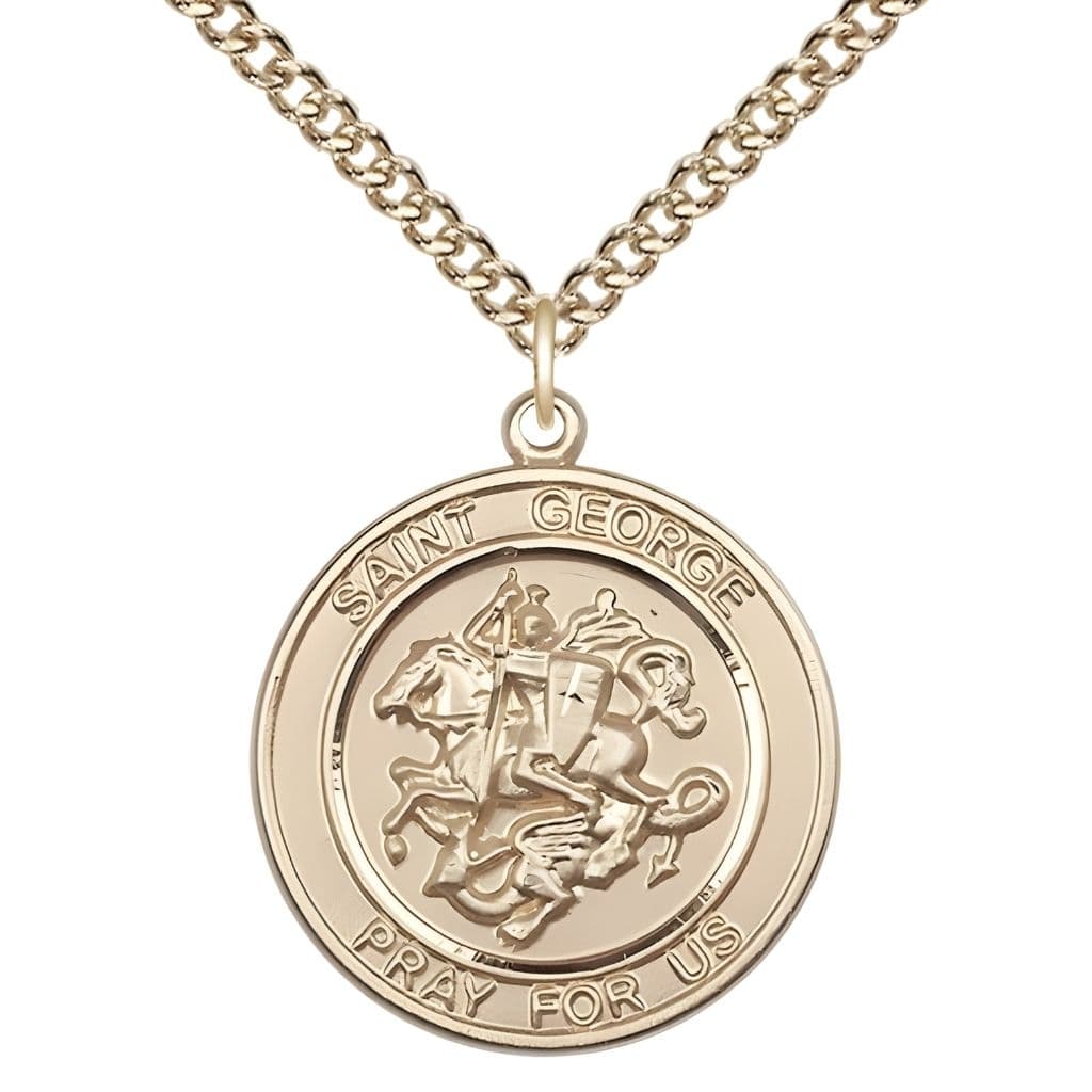 Bliss St. George 14kt Gold Round Medal Pendant with 14kt Gold Chain, Measures 1-inch tall by 7/8-inch wide.