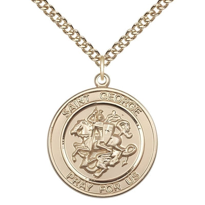 St. George 14kt Gold Round Medal Pendant with 14kt Gold Chain, Measures 1-inch tall by 7/8-inch wide, Bliss Manufacturing