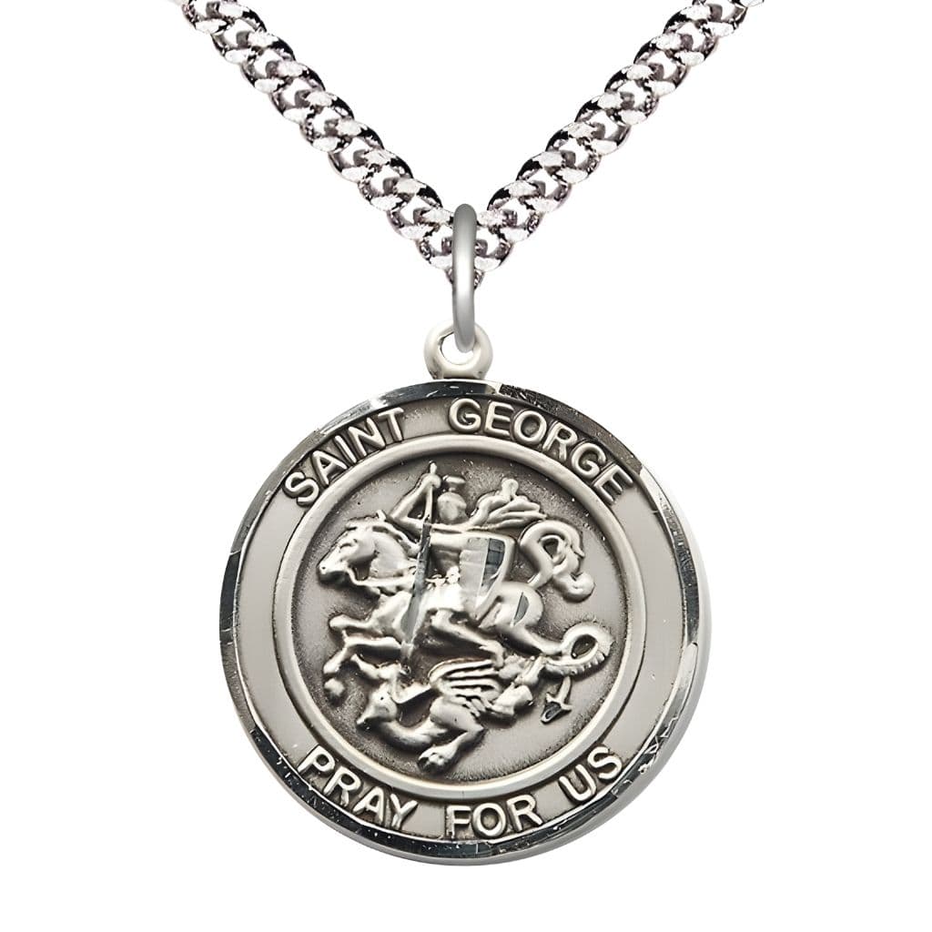 Bliss St. George Pewter Round Medal Pendant with Rhodium-plated Chain, Measures 1-inch tall by 7/8-inch wide.