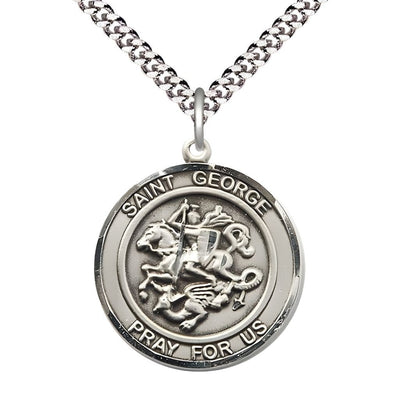 St. George Pewter Round Medal Pendant with Rhodium-plated Chain, Measures 1-inch tall by 7/8-inch wide, Bliss Manufacturing
