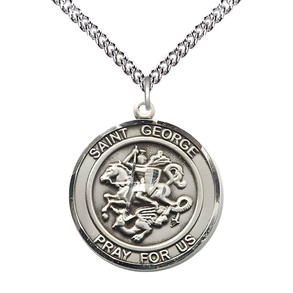 Bliss St. George Sterling Silver Round Medal Pendant with Sterling Silver Chain, Measures 1-inch tall by 7/8-inch wide.
