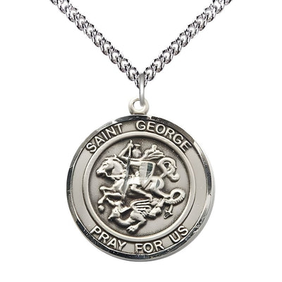 St. George Sterling Silver Round Medal Pendant with Sterling Silver Chain, Measures 1-inch tall by 7/8-inch wide, Bliss Manufacturing