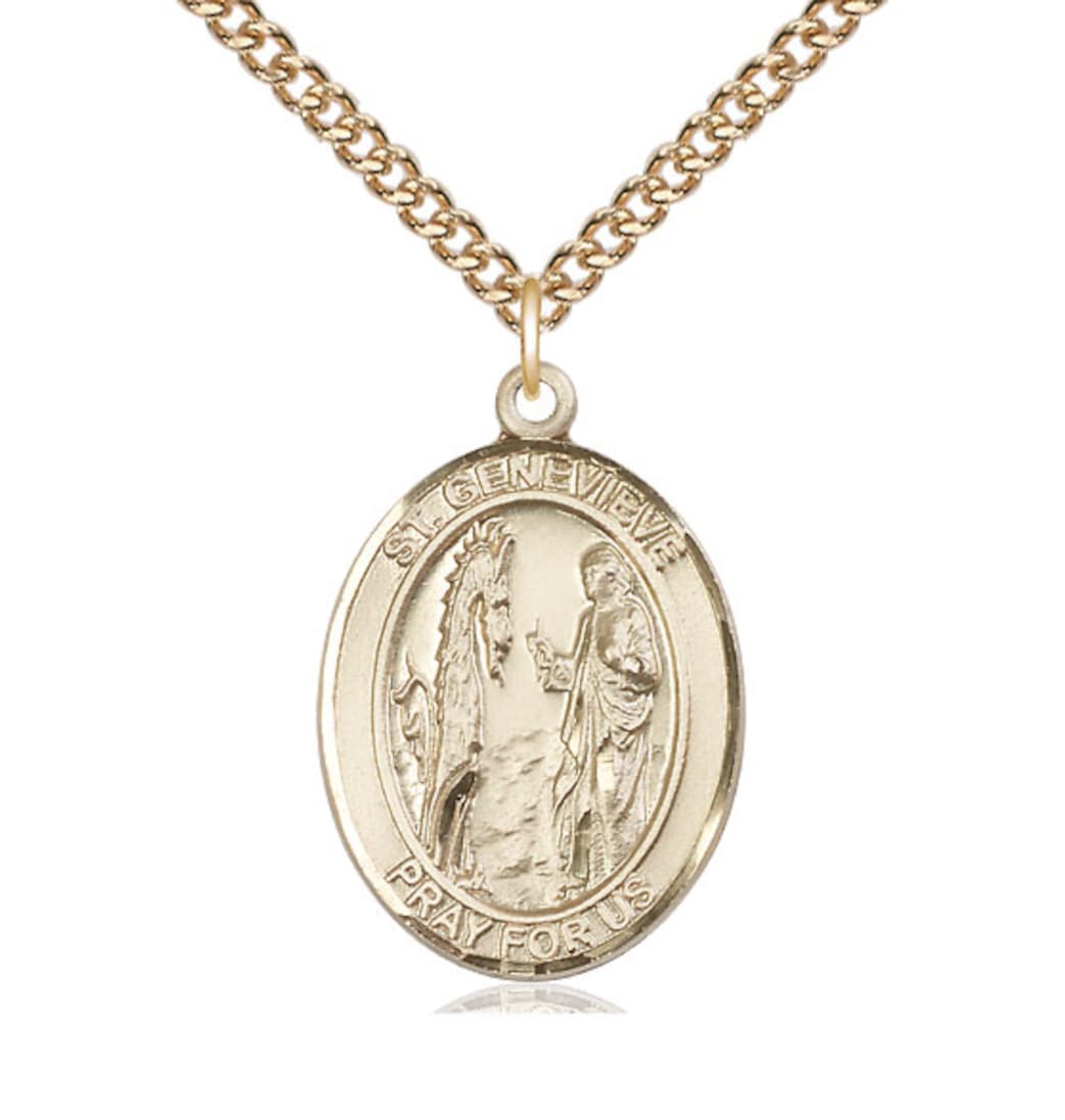 Bliss St Genevieve Gold Filled Oval Large Medal Necklace with Gold-filled Chain,