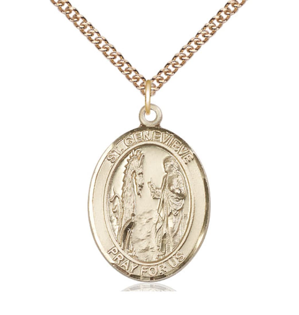 Bliss Manufacturing St Genevieve 14kt Gold Oval Large Medal with 14kt Gold Chain,