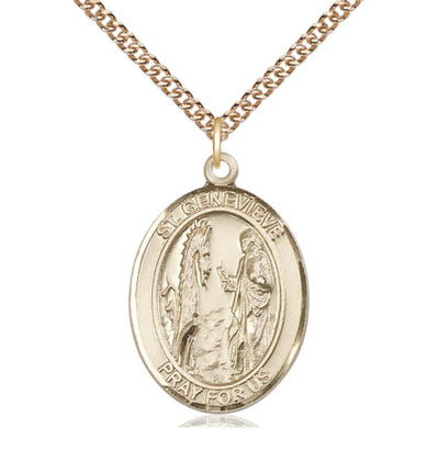 St Genevieve 14kt Gold Oval Large Medal with 14kt Gold Chain, Bliss Manufacturing