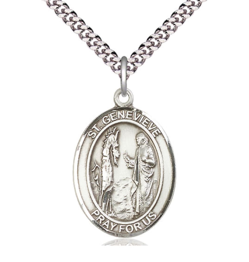 Bliss St Genevieve Pewter Oval Large Medal Necklace with Chain,