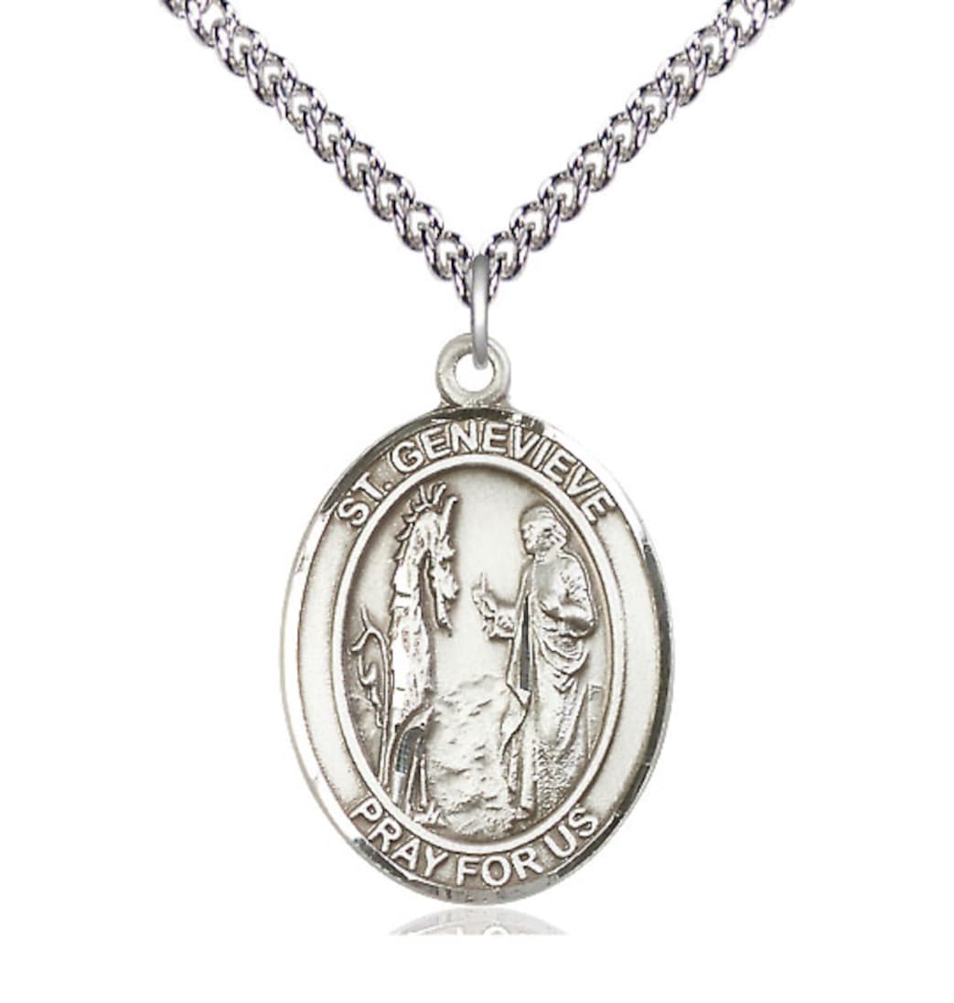 Bliss St Genevieve Sterling Silver Oval Large Medal Necklace with Sterling Silver Chain,