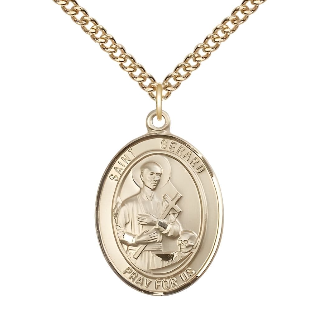 Bliss St. Gerard Majella 14kt Gold-filled Oval Medal Pendant with Gold-filled Chain, Measures 1-inch tall by 3/4-inch wide.