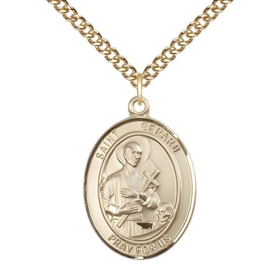 St. Gerard Majella 14kt Gold Oval Medal Pendant with 14kt Gold Chain, Measures 1-inch tall by 3/4-inch wide, Bliss Manufacturing