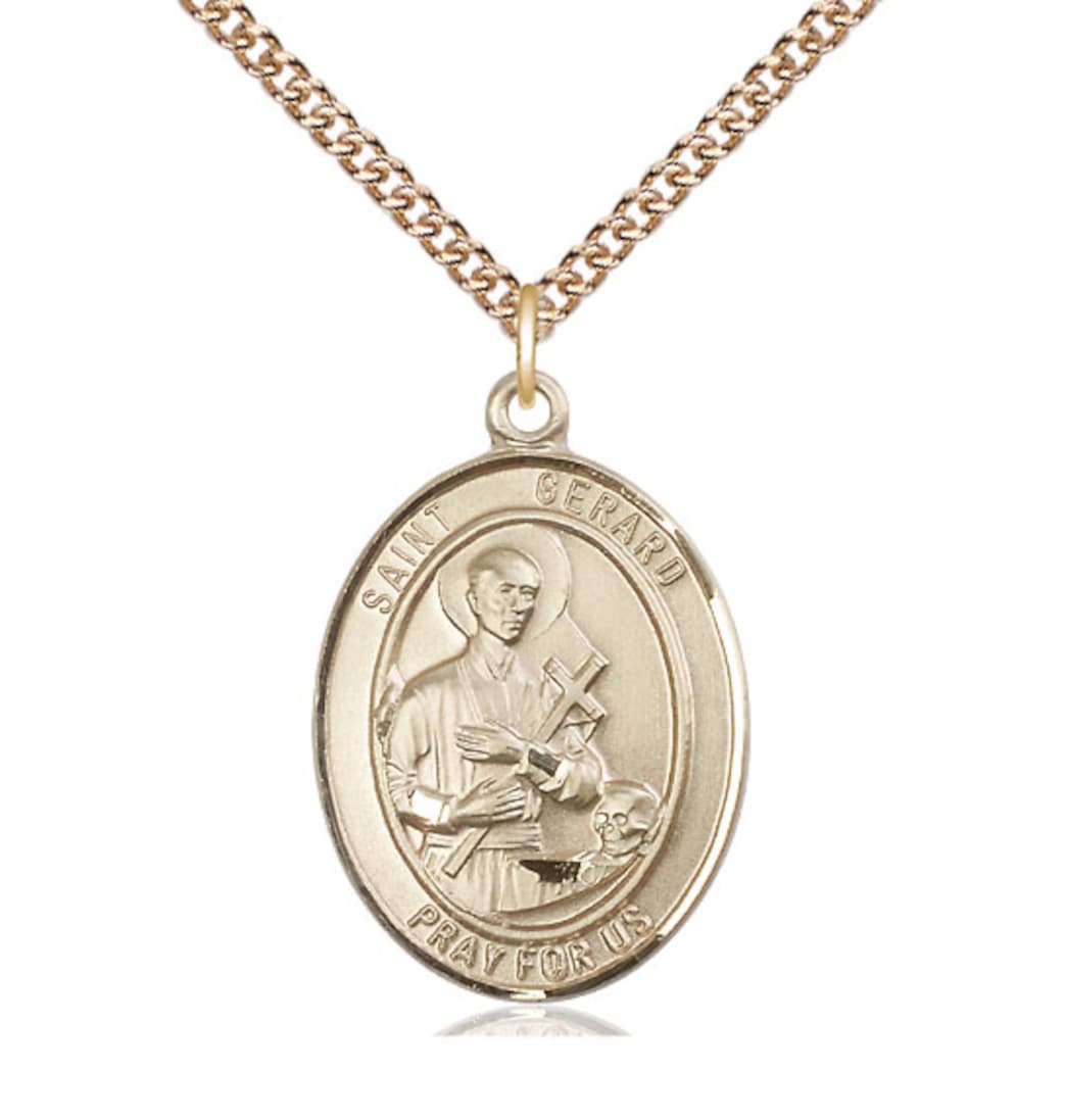 Bliss Manufacturing St Gerard Majella 14kt Gold Oval Large Medal with 14kt Gold Chain,