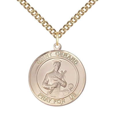 St. Gerard Majella 14kt Gold Round Medal Pendant with 14kt Gold Chain, Measures 1-inch tall by 7/8-inch wide, Bliss Manufacturing