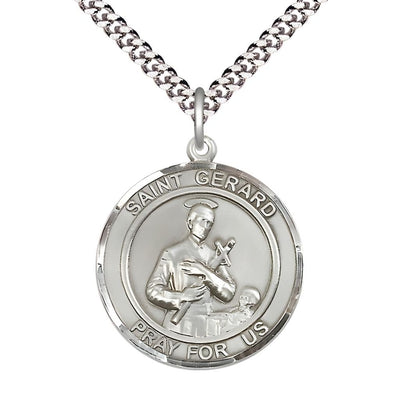 St. Gerard Majella Sterling Silver Round Medal Pendant with Rhodium-plated Chain, Measures 1-inch tall by 7/8-inch wide, Bliss Manufacturing