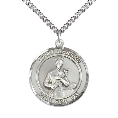 St. Gerard Majella Sterling Silver Round Medal Pendant with Sterling Chain, Measures 1-inch tall by 7/8-inch wide, Bliss Manufacturing