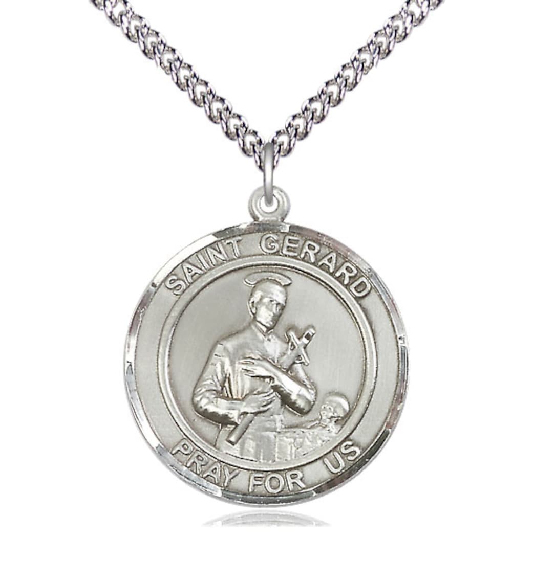 Bliss Large Round St Gerard Majella Sterling Silver Medal Necklace with Sterling Chain,