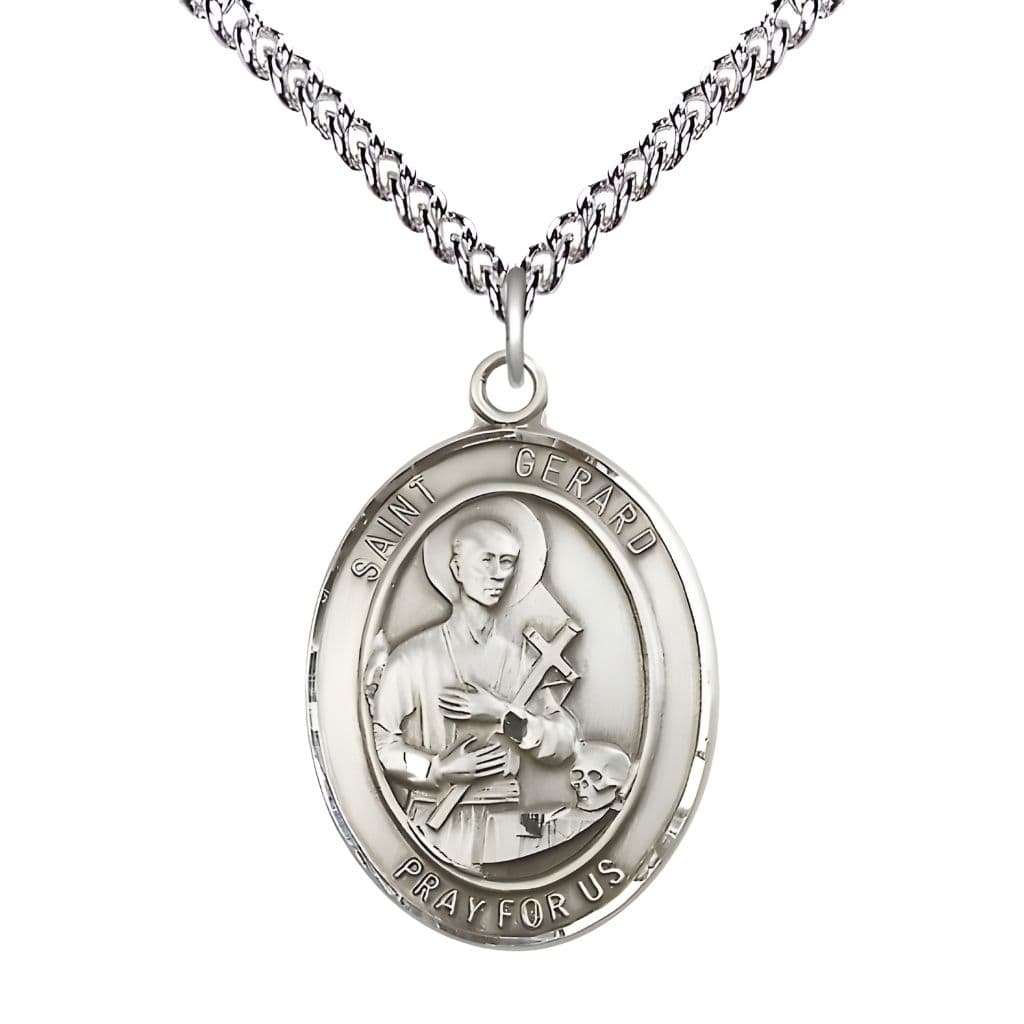 Bliss St. Gerard Majella Sterling Silver Oval Medal Pendant with Sterling Silver Chain, Measures 1-inch tall by 3/4-inch wide.