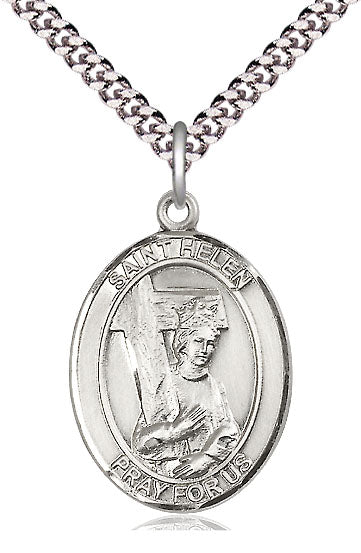 large st helen pewter medal on a 24 inch light rhodium-plated heavy curb chain, Bliss Manufacturing