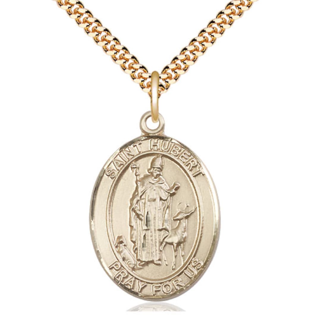 bliss manufacturing large 14kt gold filled hubert of liege medal on a 24 inch gold plate heavy curb chain,