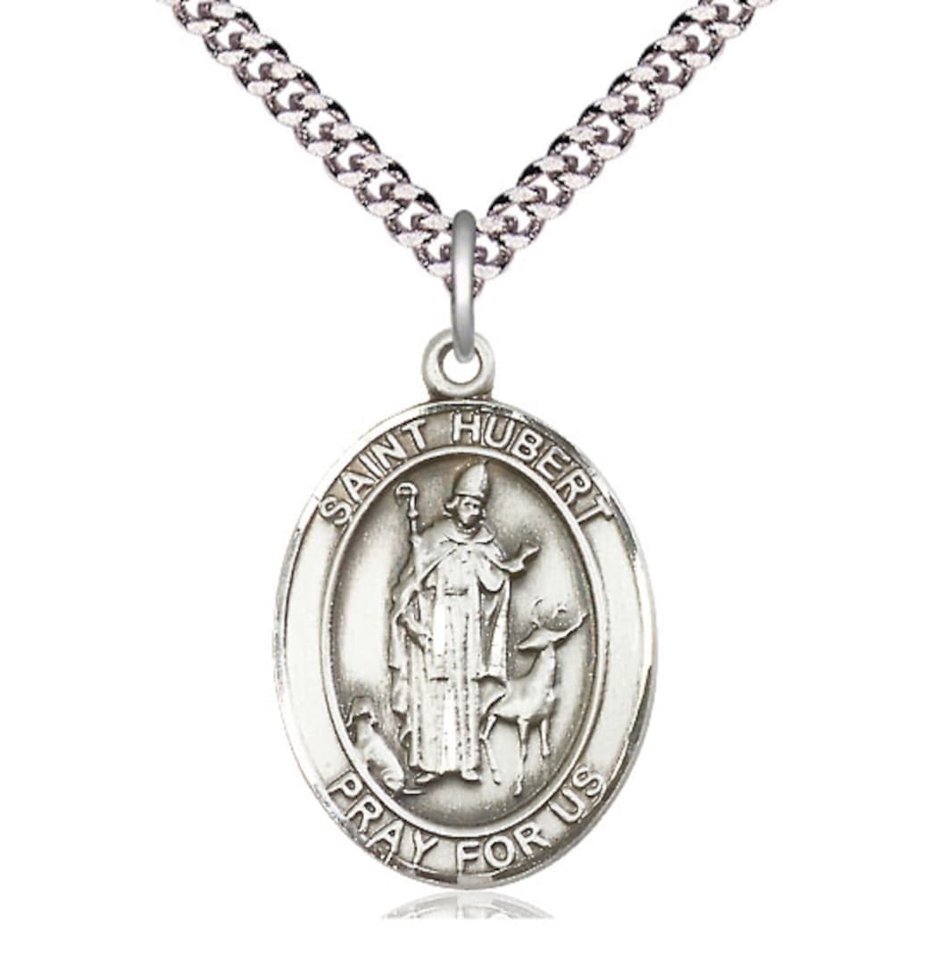 bliss manufacturing large st hubert of liege sterling silver medal on a 24 inch light rhodium-plated heavy curb chain,