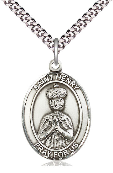 large st henry II pewter medal on a 24 inch light rhodium-plated heavy curb chain, Bliss Manufacturing