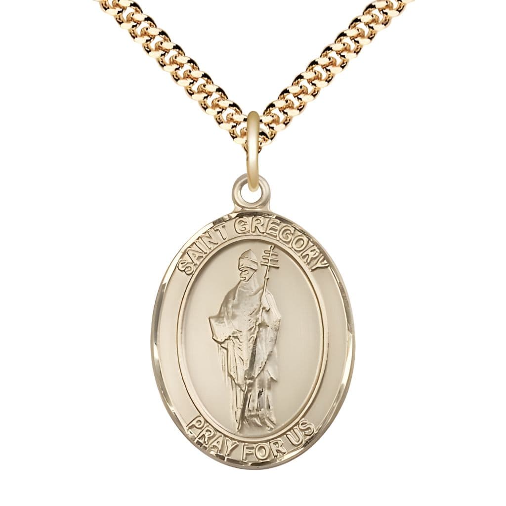 Bliss St. Gregory the Great 14kt Gold-filled Oval Medal Pendant with Gold-plated Chain, Measures 1-inch tall by 3/4-inch wide.