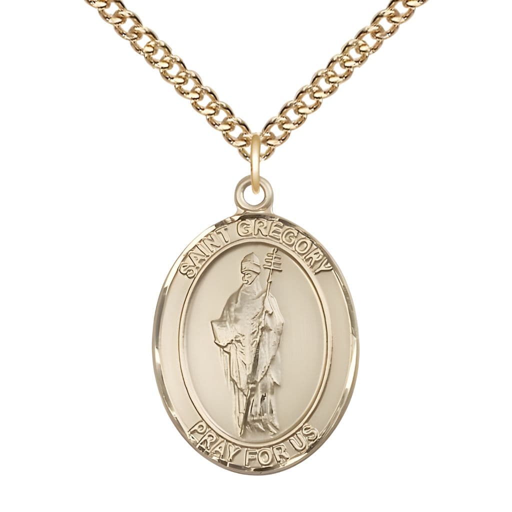 Bliss St. Gregory the Great 14kt Gold-filled Oval Medal Pendant with Gold-filled Chain, Measures 1-inch tall by 3/4-inch wide.