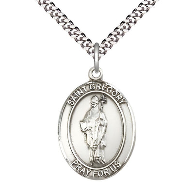 St. Gregory the Great Pewter Oval Medal Pendant with Rhodium-plated Chain, Measures 1-inch tall by 3/4-inch wide, Bliss Manufacturing