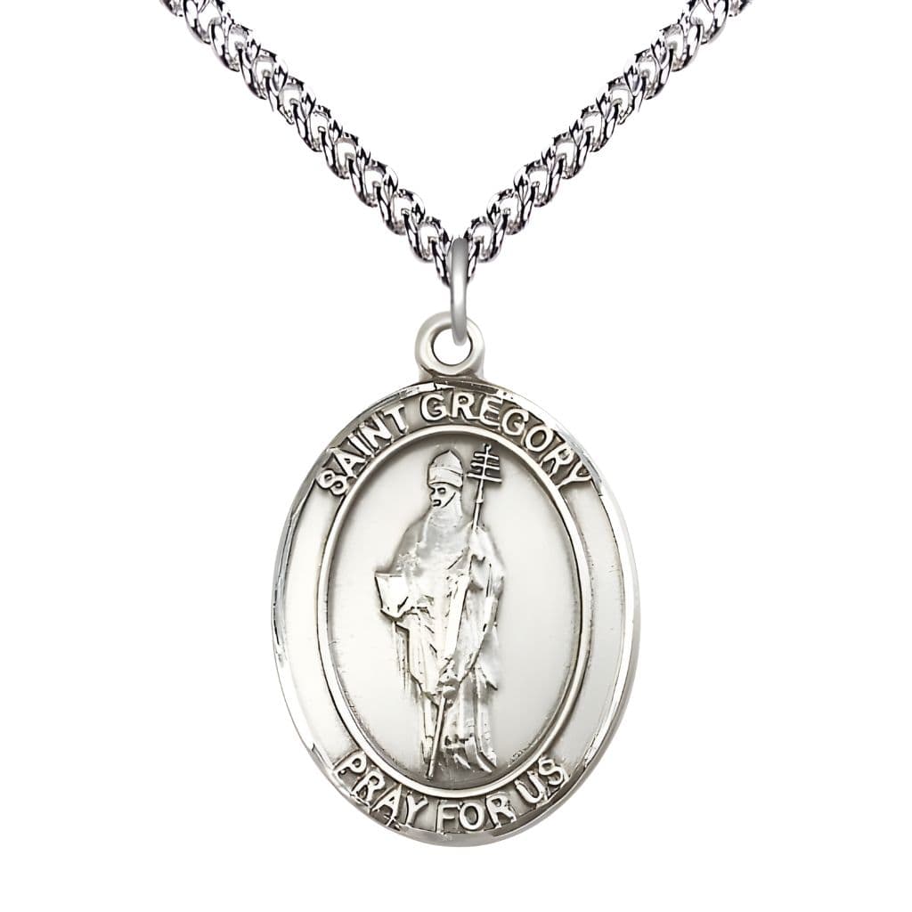Bliss St. Gregory the Great Sterling Silver Oval Medal Pendant with Sterling Chain, Measures 1-inch tall by 3/4-inch wide.