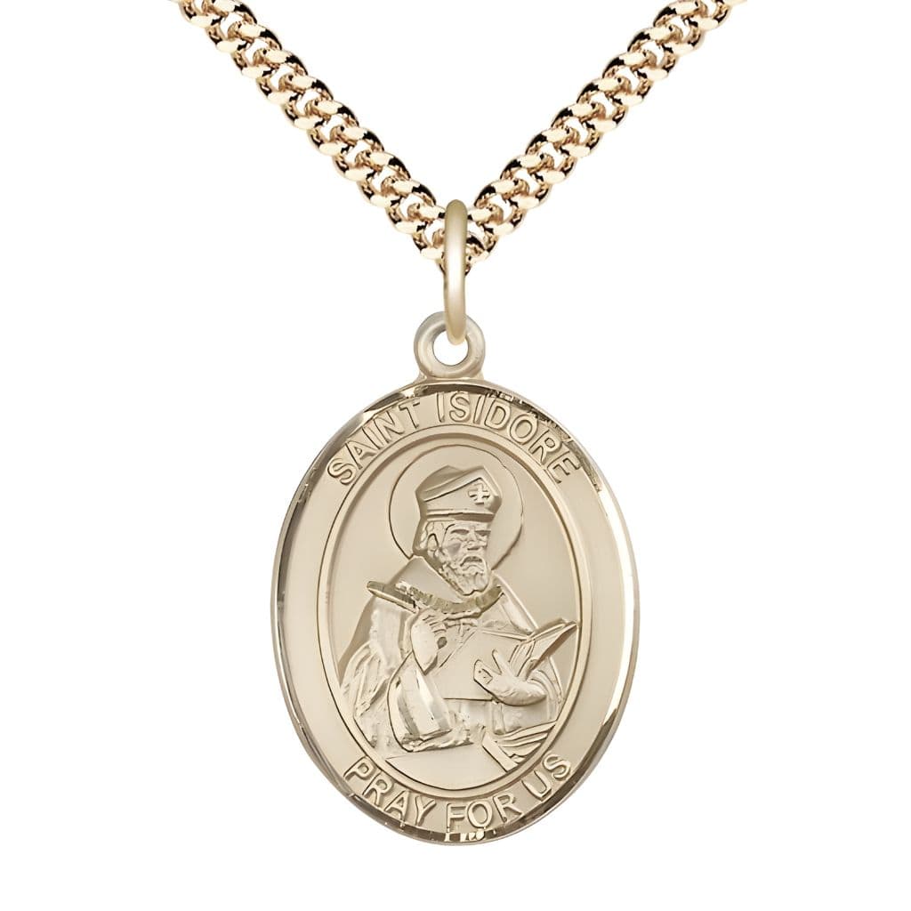 Bliss St. Isidore of Seville 14kt Gold-filled Oval Medal Pendant with Gold-plated Chain, Measures 1-inch tall by 3/4-inch wide. Deluxe Gift Box.