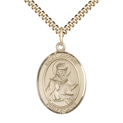 St. Isidore of Seville 14kt Gold-filled Oval Medal Pendant with Gold-plated Chain, Measures 1-inch tall by 3/4-inch wide. Deluxe Gift Box, Bliss Manufacturing