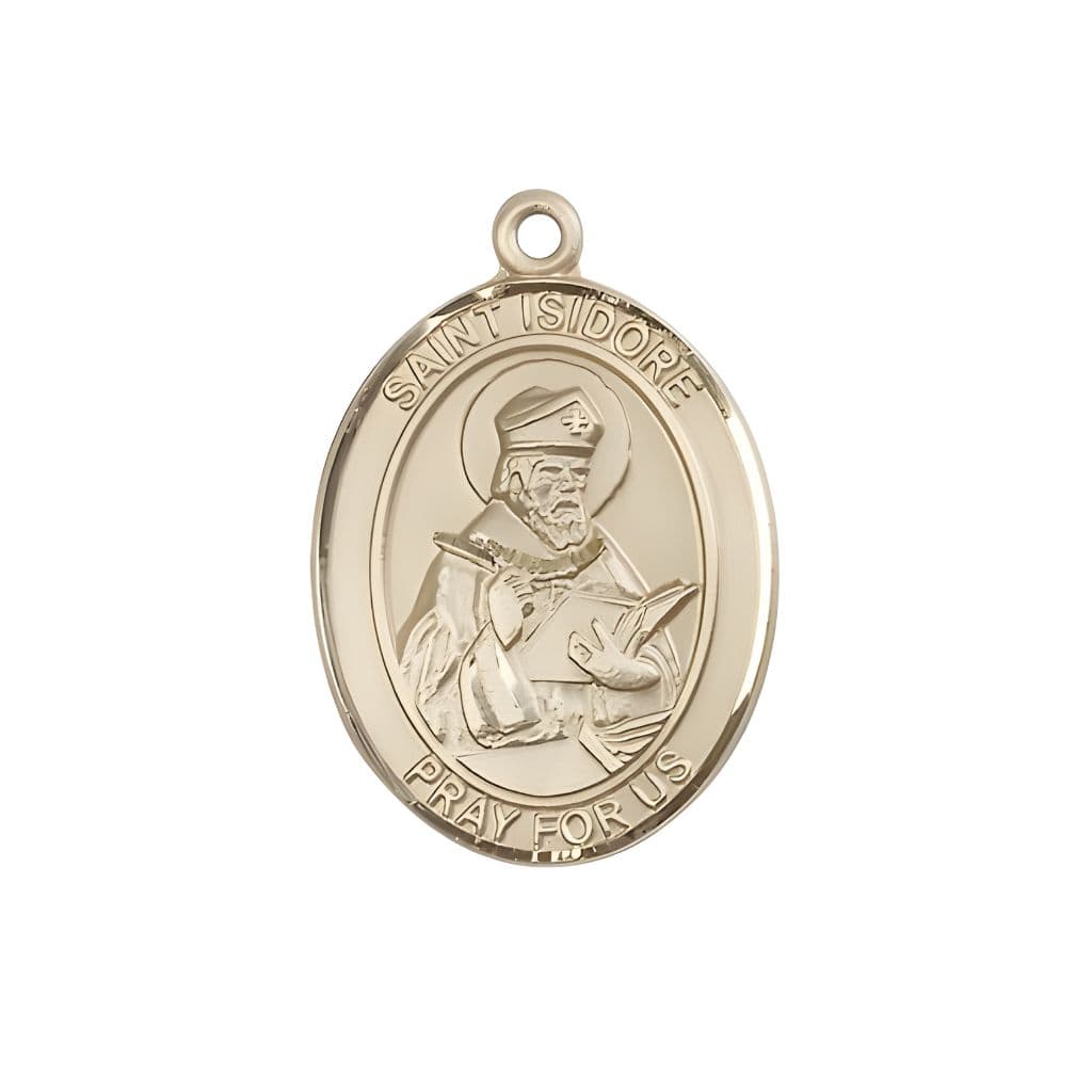 Bliss St. Isidore of Seville 14kt Gold Oval Medal Pendant, Measures 1-inch tall by 3/4-inch wide. Deluxe Gift Box.