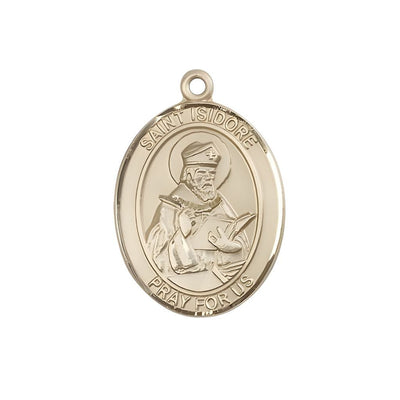 St. Isidore of Seville 14kt Gold Oval Medal Pendant, Measures 1-inch tall by 3/4-inch wide. Deluxe Gift Box, Bliss Manufacturing