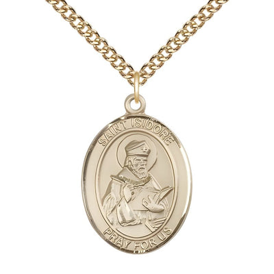 St. Isidore of Seville 14kt Gold Oval Medal Pendant with 14kt Gold Chain, Measures 1-inch tall by 3/4-inch wide. Deluxe Gift Box, Bliss Manufacturing