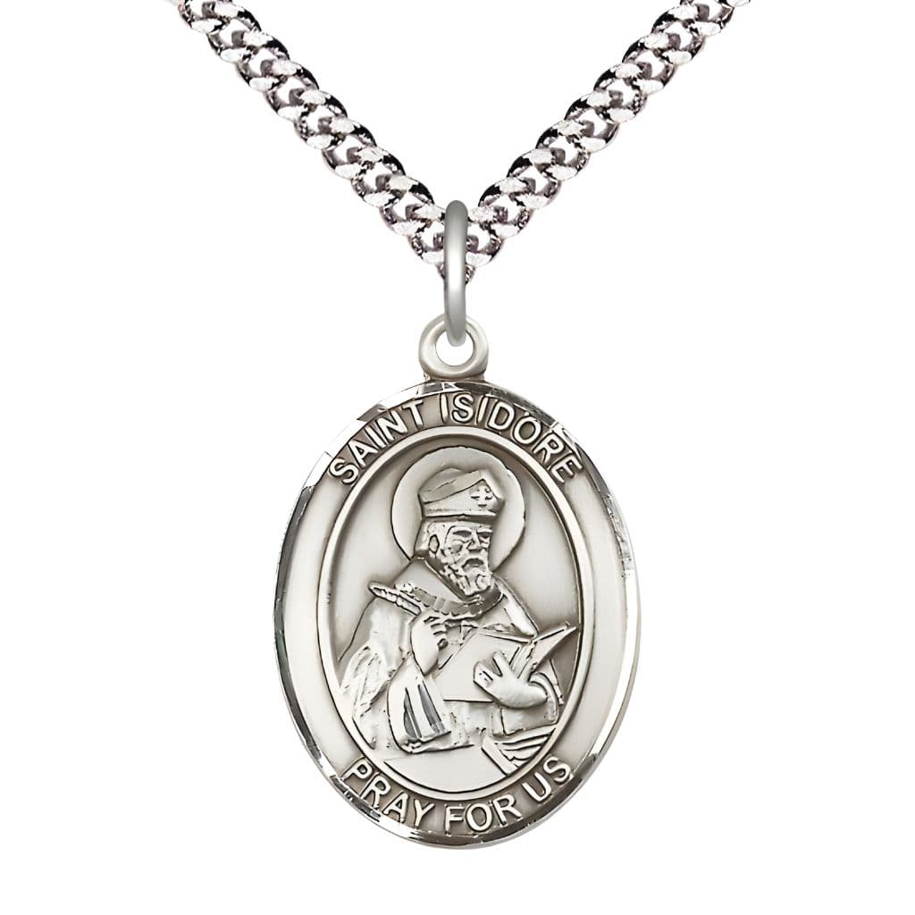 Bliss St. Isidore of Seville Pewter Oval Medal Pendant with Rhodium-plated Chain, Measures 1-inch tall by 3/4-inch wide. Deluxe Gift Box.