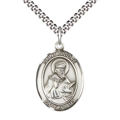 St. Isidore of Seville Pewter Oval Medal Pendant with Rhodium-plated Chain, Measures 1-inch tall by 3/4-inch wide. Deluxe Gift Box, Bliss Manufacturing