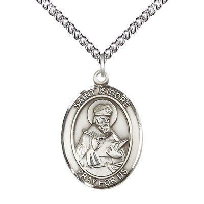 St. Isidore of Seville Sterling Silver Oval Medal Pendant with Sterling Silver Chain, Measures 1-inch tall by 3/4-inch wide. Deluxe Gift Box, Bliss Manufacturing