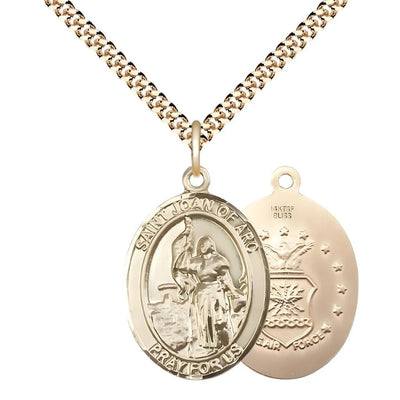 St. Joan of Arc Air Force 14kt Gold-filled Oval Medal Pendant with Gold-plated Chain, Measures 1-inch tall by 3/4-inch wide. Deluxe Gift Box, Bliss Manufacturing
