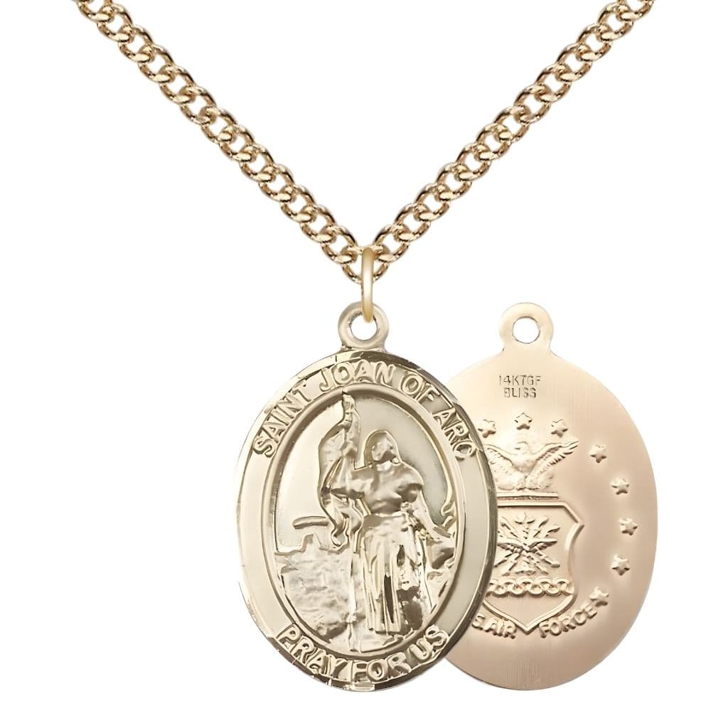 Bliss St. Joan of Arc Air Force 14kt Gold-filled Oval Medal Pendant with Gold-filled Chain, Measures 1-inch tall by 3/4-inch wide. Deluxe Gift Box.