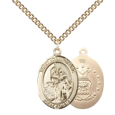 St. Joan of Arc Air Force 14kt Gold-filled Oval Medal Pendant with Gold-filled Chain, Measures 1-inch tall by 3/4-inch wide. Deluxe Gift Box, Bliss Manufacturing