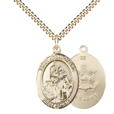 St. Joan of Arc Army 14kt Gold-filled Oval Medal Pendant with Gold-plated Chain, Measures 1-inch tall by 3/4-inch wide. Deluxe Gift Box, Bliss Manufacturing