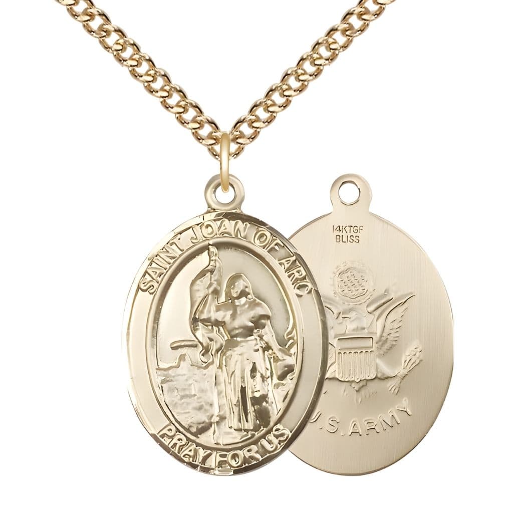 Bliss St. Joan of Arc Army 14kt Gold-filled Oval Medal Pendant with Gold-filled Chain, Measures 1-inch tall by 3/4-inch wide. Deluxe Gift Box.