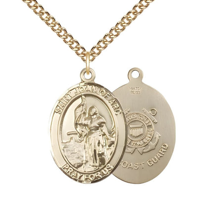 St. Joan of Arc Coast Guard 14kt Gold-filled Oval Medal Pendant with Gold-filled Chain, Measures 1-inch tall by 3/4-inch wide. Deluxe Gift Box, Bliss Manufacturing