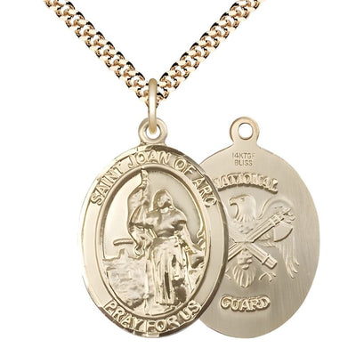 St. Joan of Arc National Guard 14kt Gold-filled Oval Medal Pendant with Gold-plated Chain, Measures 1-inch tall by 3/4-inch wide. Deluxe Gift Box, Bliss Manufacturing