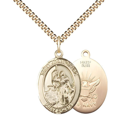 St. Joan of Arc Navy 14kt Gold-filled Oval Medal Pendant with Gold-plated Chain, Measures 1-inch tall by 3/4-inch wide. Deluxe Gift Box, Bliss Manufacturing