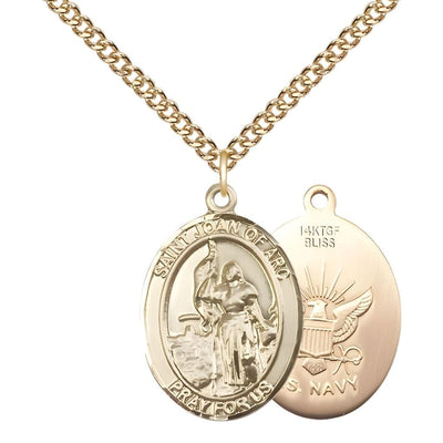 St. Joan Arc of Navy 14kt Gold-filled Oval Medal Pendant with Gold-filled Chain, Measures 1-inch tall by 3/4-inch wide. Deluxe Gift Box, Bliss Manufacturing